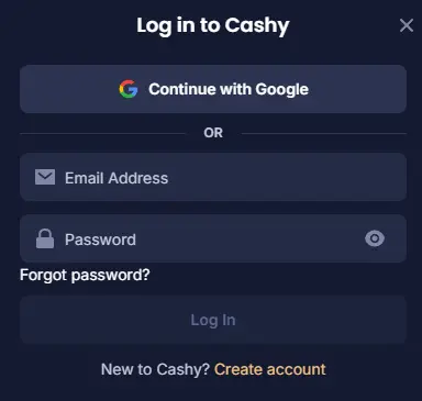 Cashy log in form